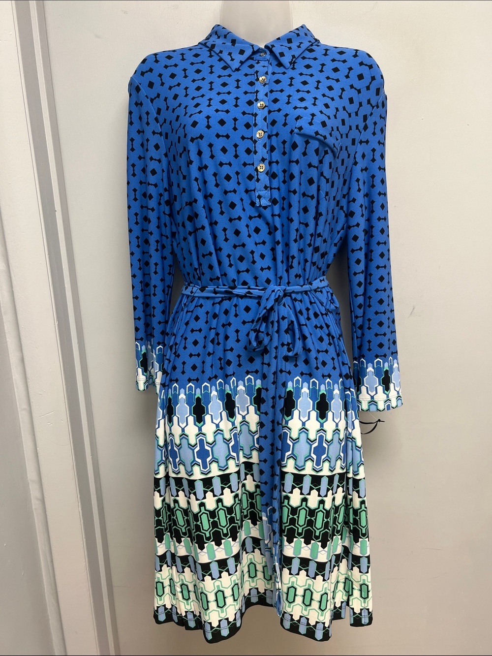 Ali Ro Blue Geometric Print Belted Dress NWT Size 12